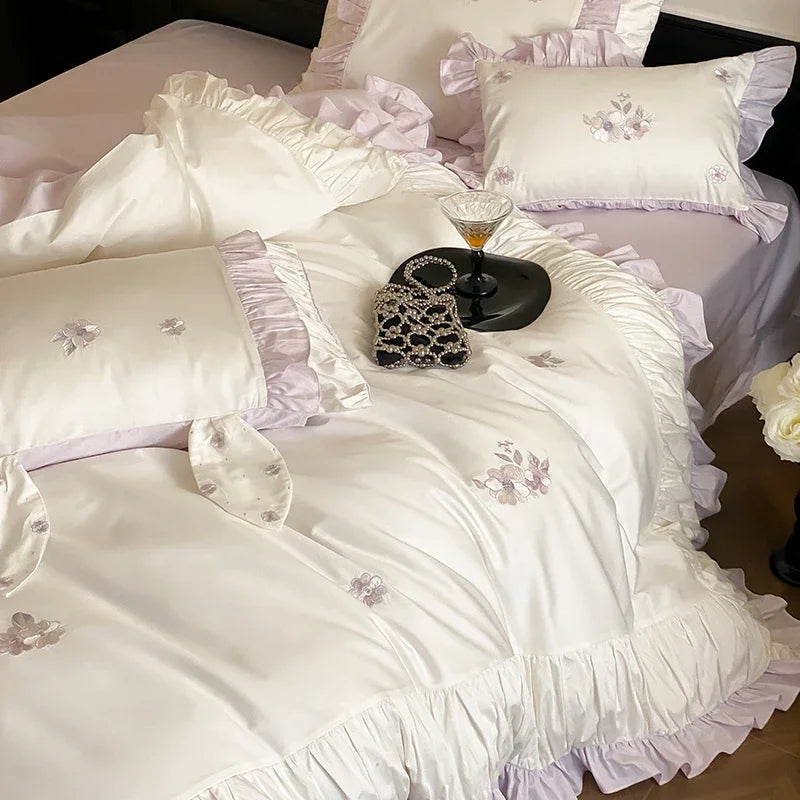 Parure de lit brodée fleurs coton égyptien 1000TC housse 180x200