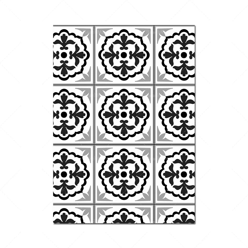 Motif décoratif floral noir et gris avec des cadres géométriques, un design classique et élégant.