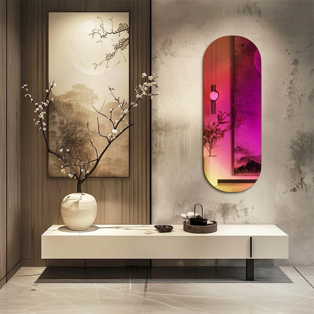 Cette image présente un environnement intérieur moderne et élégant, avec un meuble bas blanc et un miroir décoratif aux teintes chaudes et lumineuses. Un paysage montagneux est visible à travers une fenêtre, en contraste avec les fleurs de prunier blanc sur un vase. L'ensemble crée une atmosphère apaisante et harmonieuse.