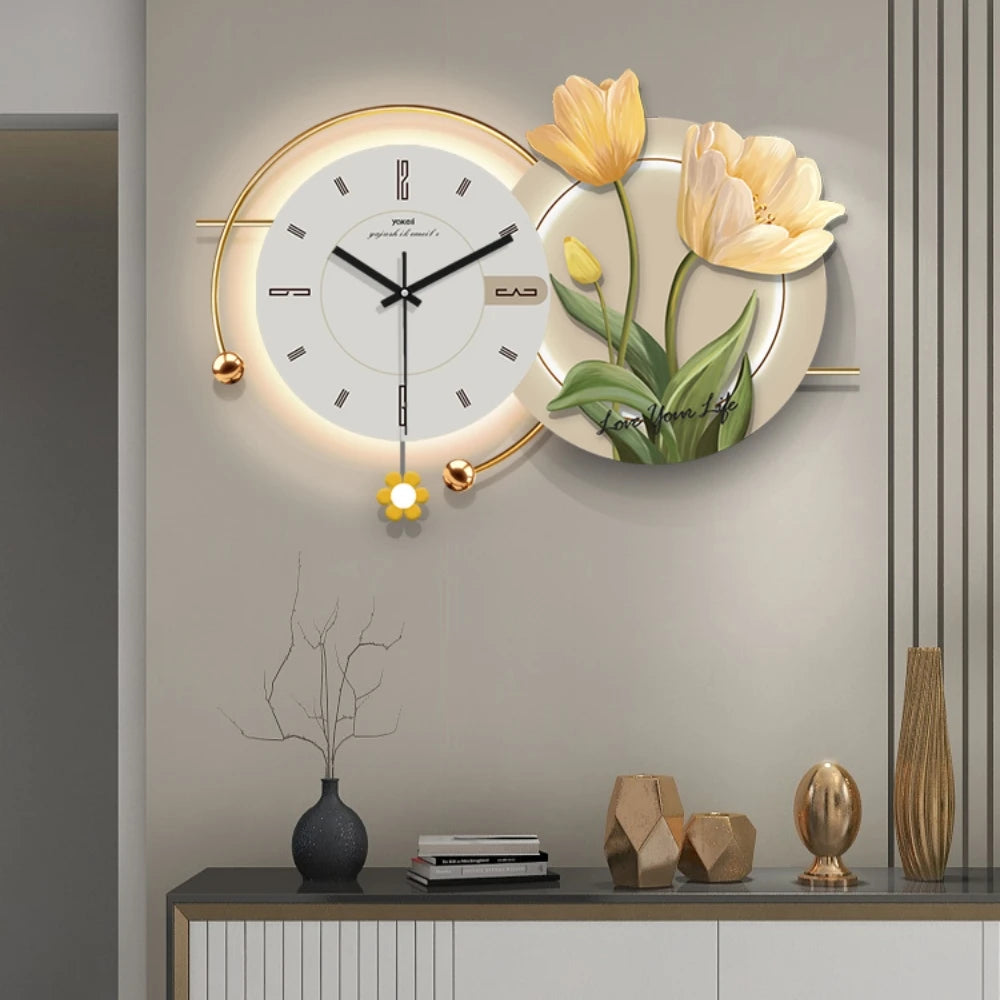 Horloge murale moderne acrylique avec motif floral en noir
