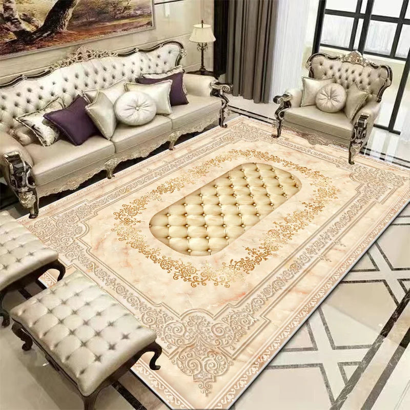 Intérieur élégant avec mobilier de luxe, tapis décoré et éléments décoratifs sophistiqués.