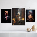 Une sélection de peintures sombres et mystérieuses décorant un espace sobre et épuré.
