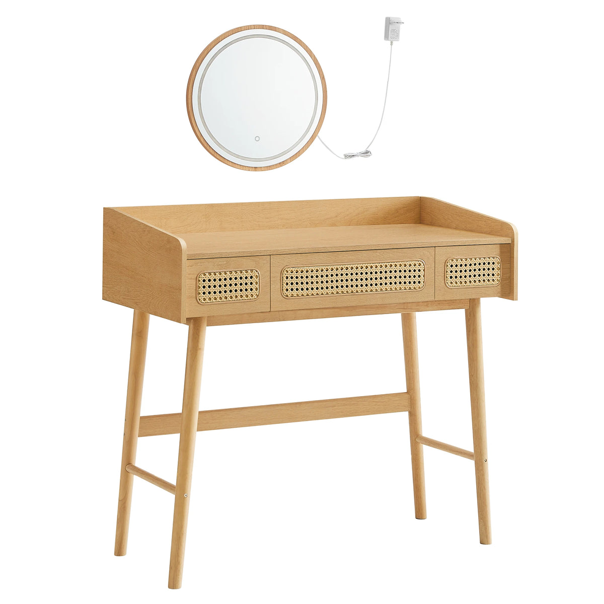 Vue de face de la coiffeuse en bois naturel et rotin
