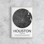 Affiche cartographique minimaliste de la ville de Houston, au Texas, États-Unis, sur un fond de texture de marbre gris.