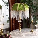 Lampe de chevet verte rétro en velours avec abat-jour à franges art déco