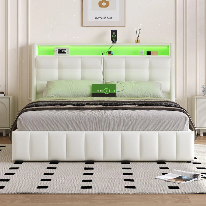 Lit blanc avec tête de lit rembourrée et éclairage LED dans une chambre moderne