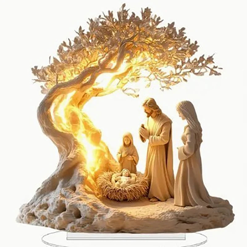 Ornement de Nativité entouré de décorations festives sur table