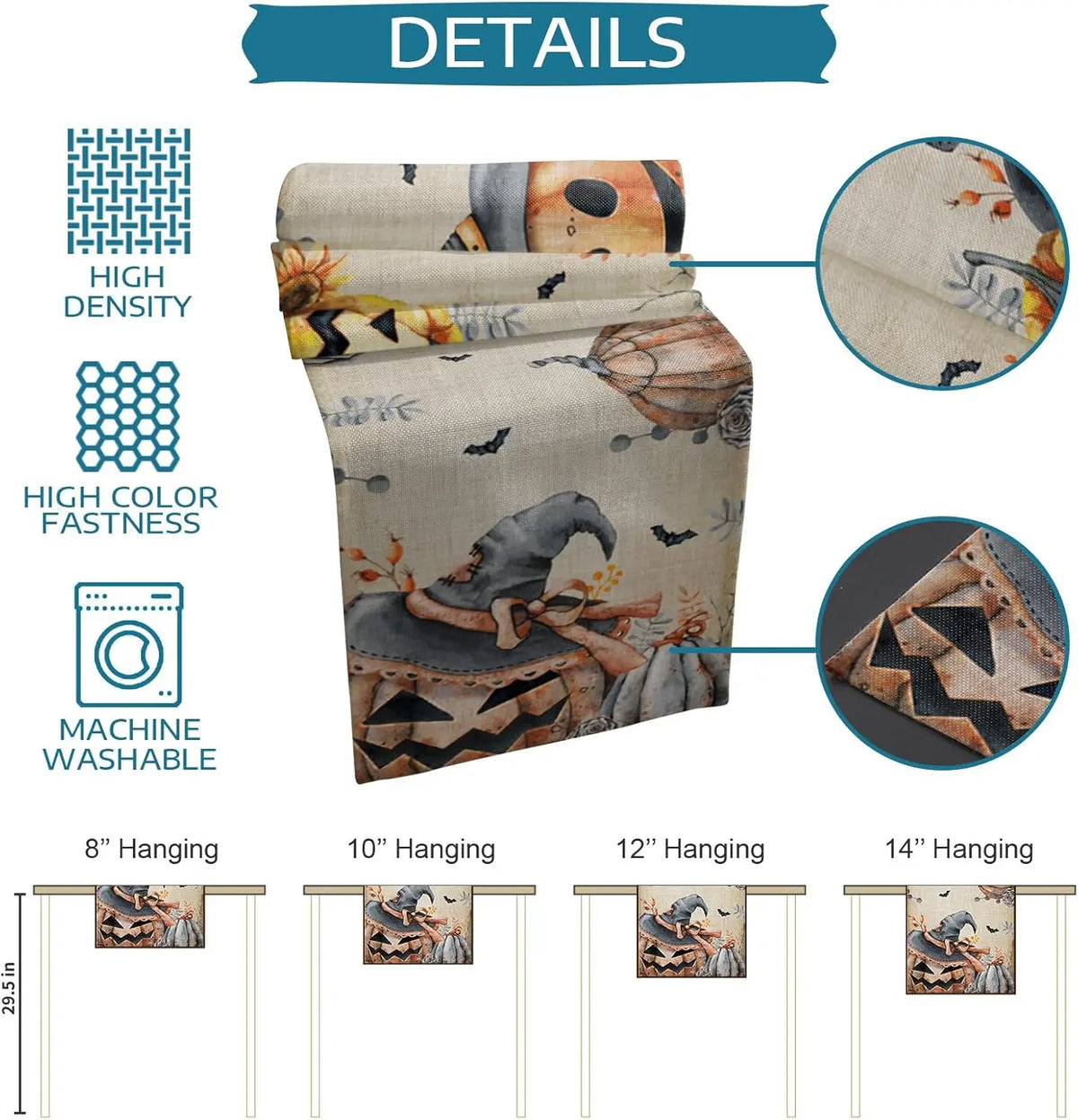 Une superbe tenture murale avec une impressionnante illustration automnal représentant des chauves-souris, des citrouilles et des éléments de décoration de Halloween, disponible en plusieurs tailles pour convenir à différents espaces.