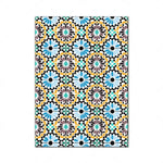 Motif géométrique en mosaïque aux couleurs vives et contrastées, composé de formes florales et circulaires dans une variété de teintes bleues, jaunes et brunes.