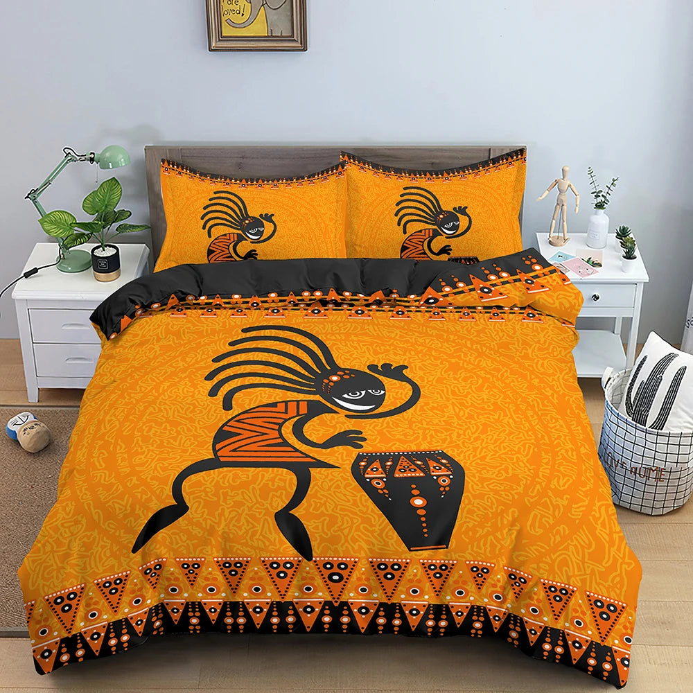 Parure de lit orange motif africain vintage
