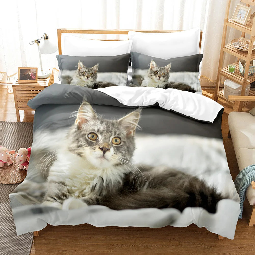 Détail de l'impression 3D du chat endormi sur la housse de couette