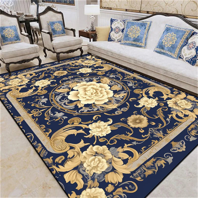 Tapis de salon bleu foncé orné de fleurs dorées épanouies.