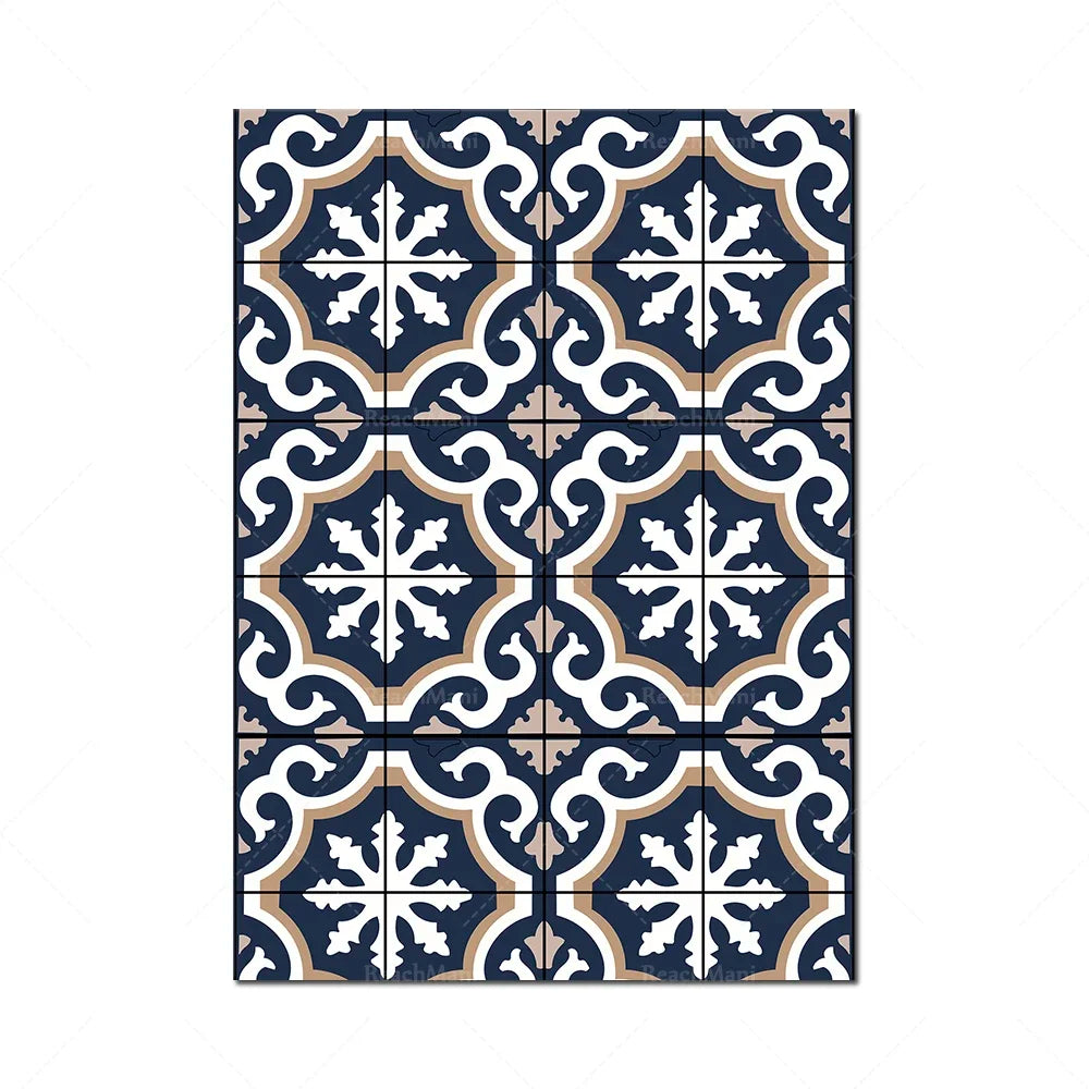 Carreaux de carrelage bleus et blancs avec motifs décoratifs ornementés.