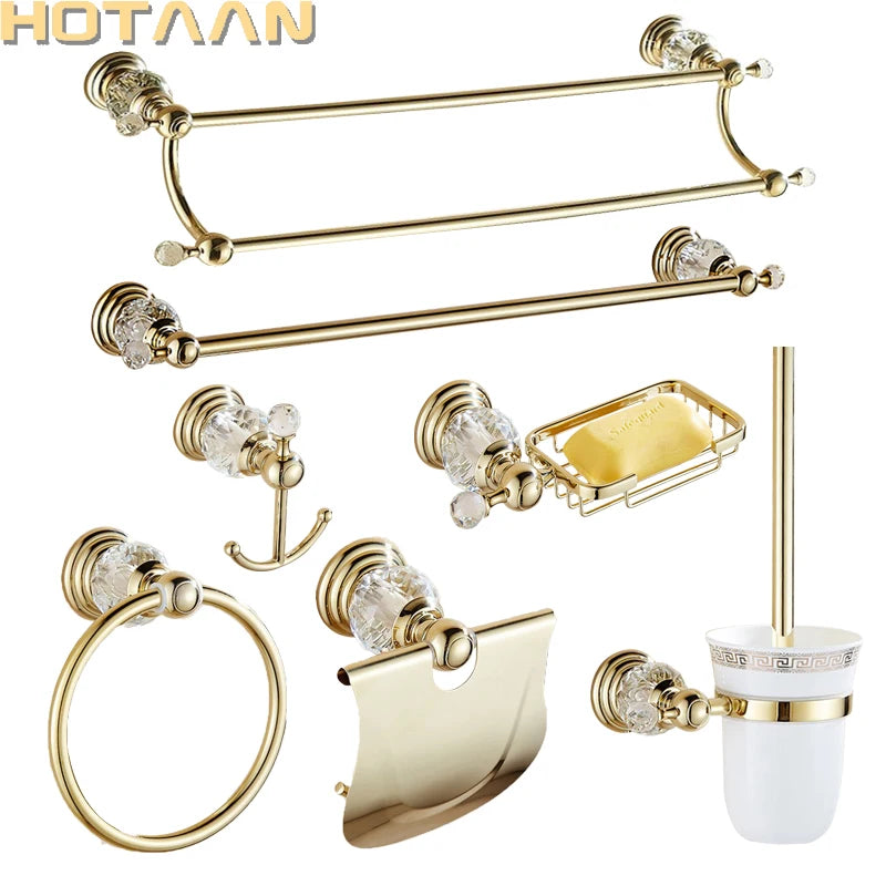 Ensemble d'accessoires de salle de bain luxe en or et cristal - vue d'ensemble