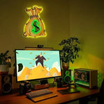 Panneau néon LED jaune en forme de sac de billets dans un décor de salon moderne