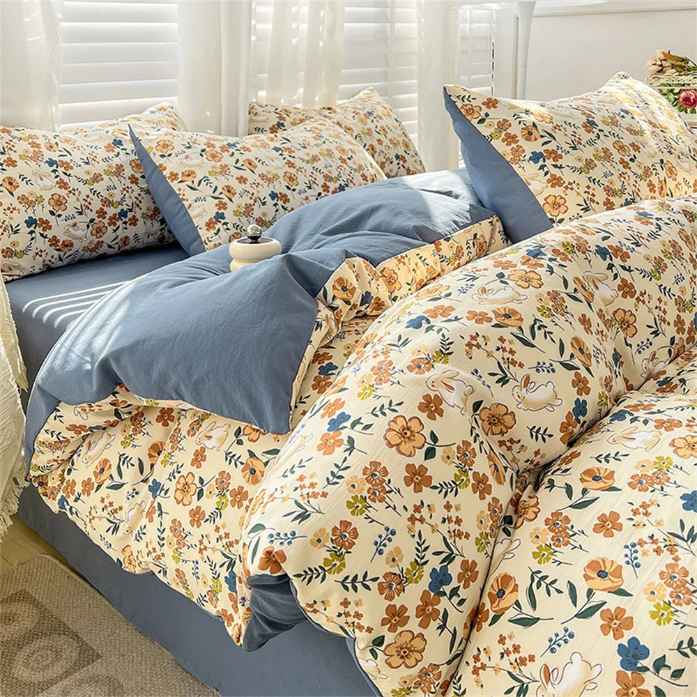 Parure de lit 1 personne en microfibre polyester lavé avec motif fleur - Ombre Interieur