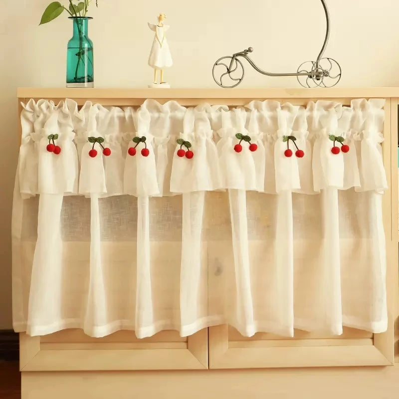Rideau court en lin blanc avec motif cerise pour fenêtre de cuisine