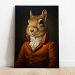 Une image d'un écureuil vêtu d'un élégant manteau orange et d'un nœud papillon blanc, au regard espiègle et malicieux.