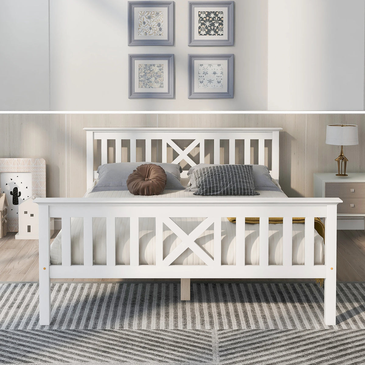 Lit double en bois blanc avec tête de lit design en forme de X
