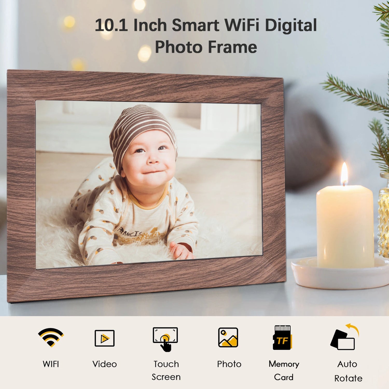 Cadre photo numérique affichant des photos de famille en haute définition