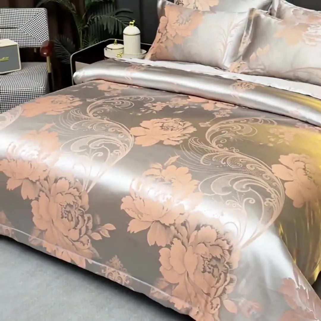 Détail du tissu jacquard de la parure de lit en satin