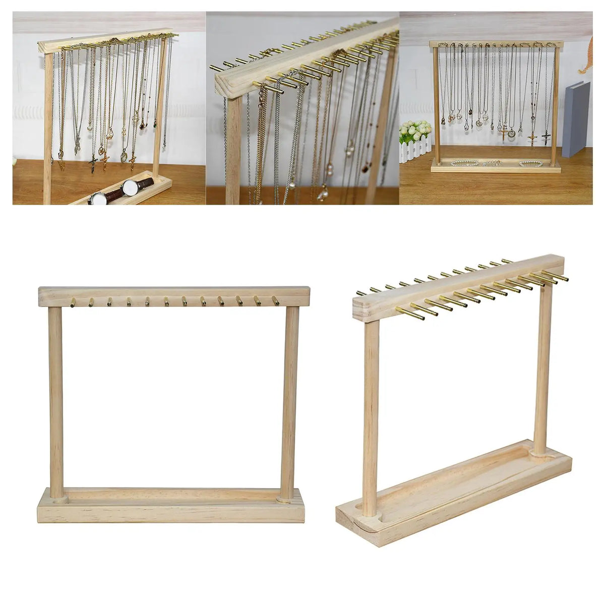 Présentoir à bijoux en bois blanc rangé sur une table de toilette