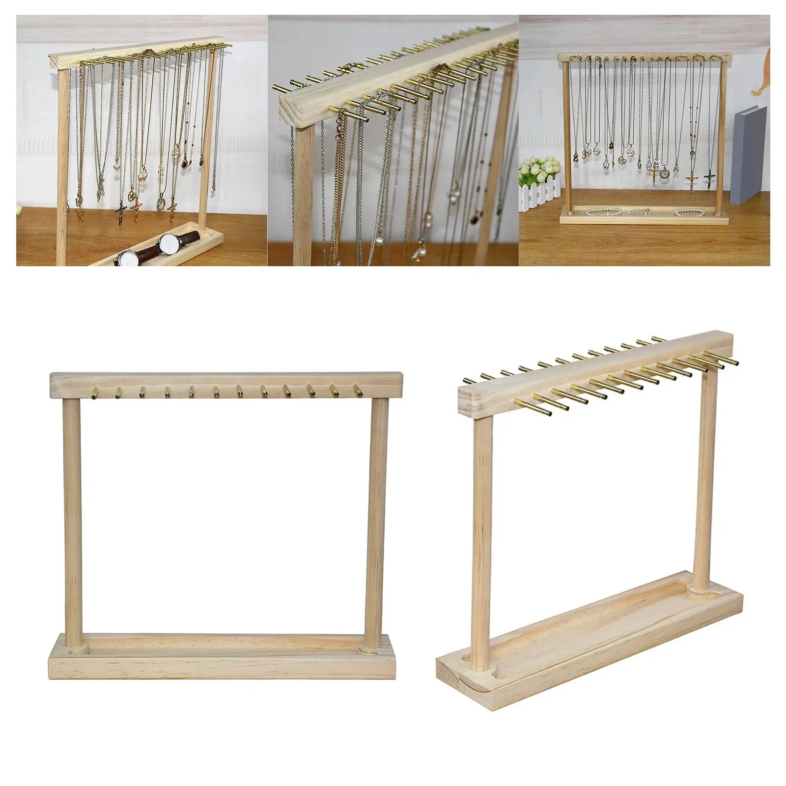 Présentoir à bijoux en bois blanc rangé sur une table de toilette