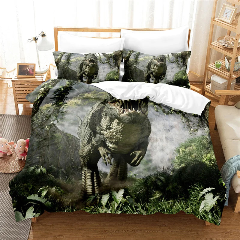 Housse de couette dinosaure dans une chambre décorée