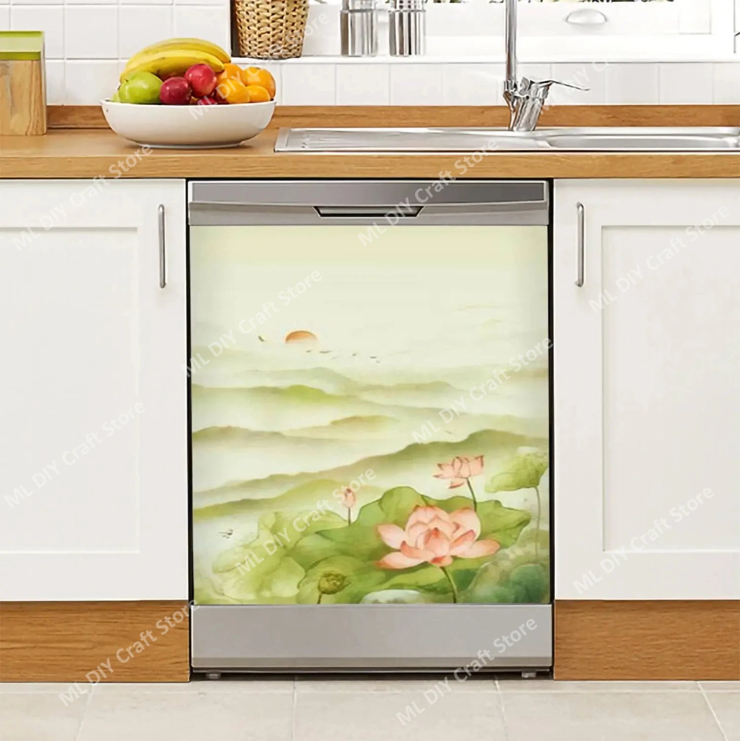 Autocollant meuble cuisine floral blanc et or