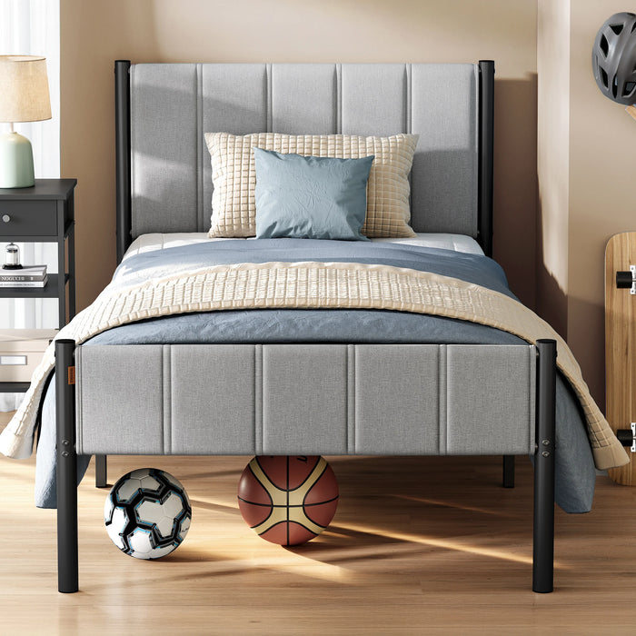 Cadre de lit simple 90x190 cm avec tête de lit rembourrée gris tourterelle, design minimaliste