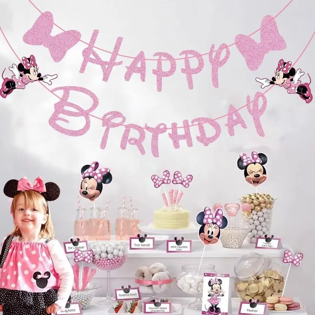 Bannière rose Minnie Mouse pour anniversaire