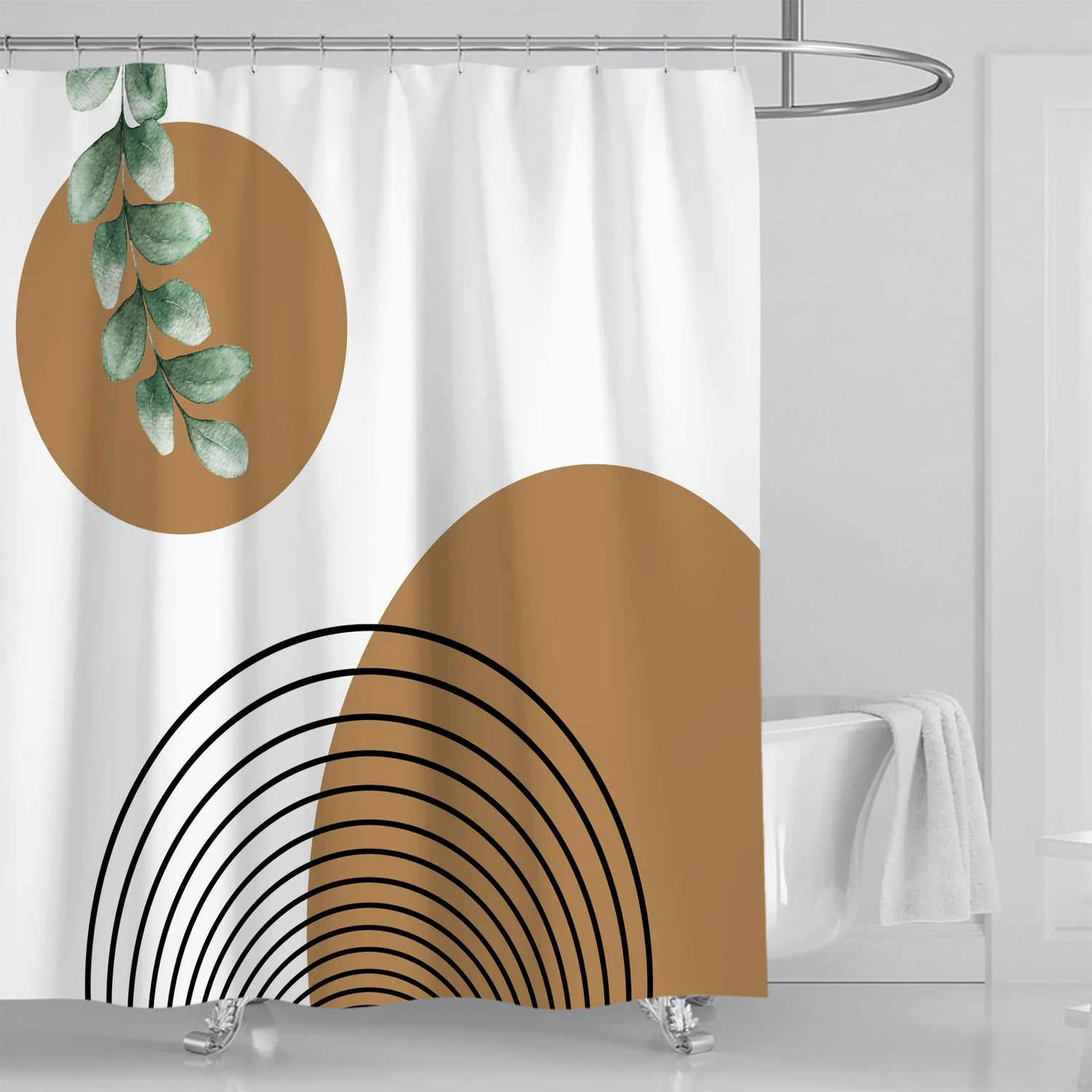 Rideau de douche moderne avec motifs géométriques et végétaux. Idéal pour ajouter une touche esthétique à votre salle de bain. Design minimaliste avec des formes circulaires et un accent de feuilles vertes. Parfait pour un intérieur contemporain et élégant.