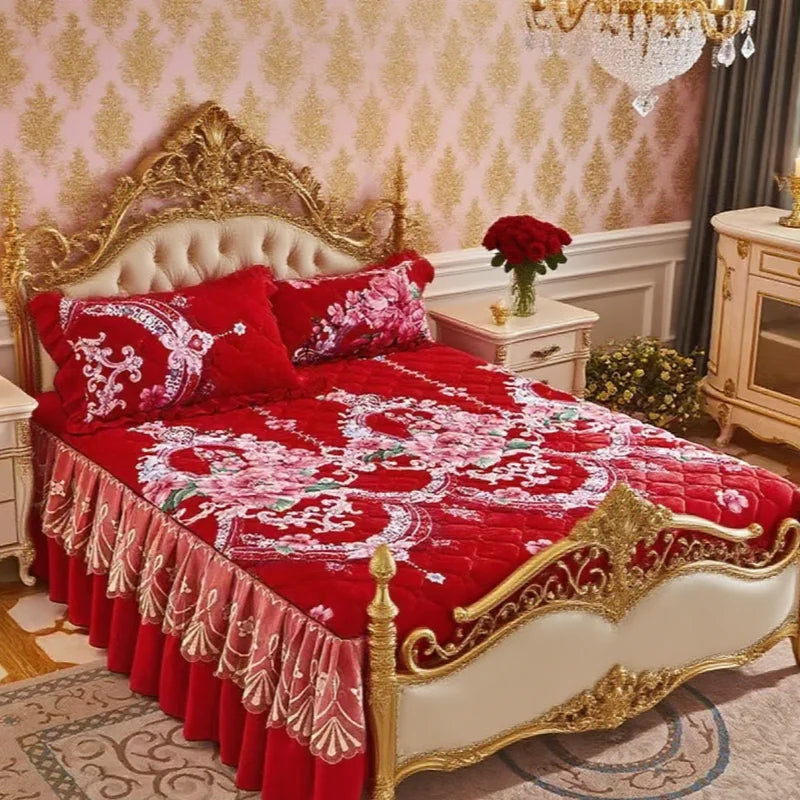 Jupe de lit velours fleuri avec taies d'oreiller