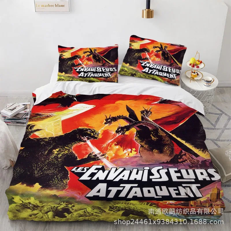 Détail de l'imprimé anime King Kong vs Godzilla sur la housse de couette
