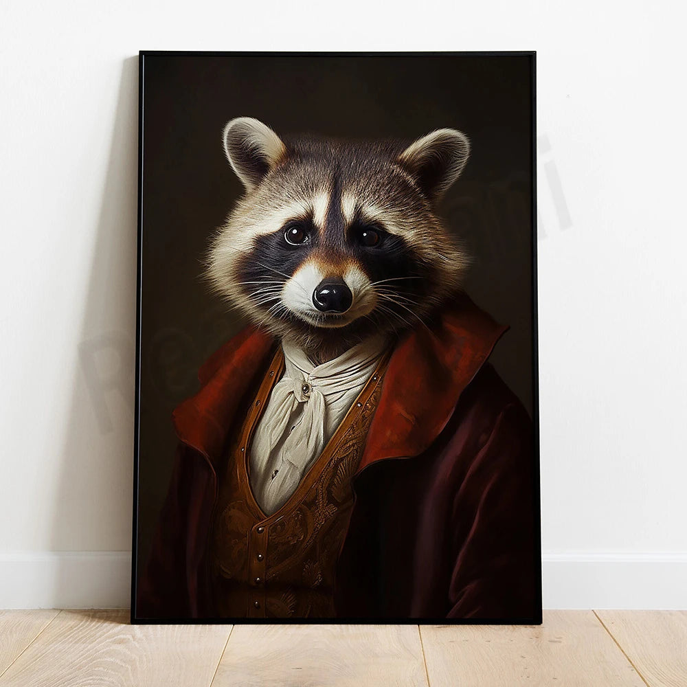 L'image représente un raton laveur habillé d'un costume en velours rouge, donnant l'impression d'être un personnage élégant et distingué.