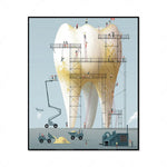 L'image montre un paysage surréaliste avec de grands objets en forme de dents en construction, avec des ouvriers et des équipements de chantier en activité.