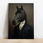 Un cheval noir en costume, un concept intrigant et fascinant.