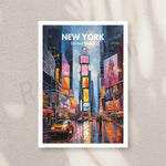 New York, une ville vibrante et lumineuse, avec ses gratte-ciels, ses taxis jaunes et son ambiance urbaine caractéristique, dans une scène colorée et dynamique.