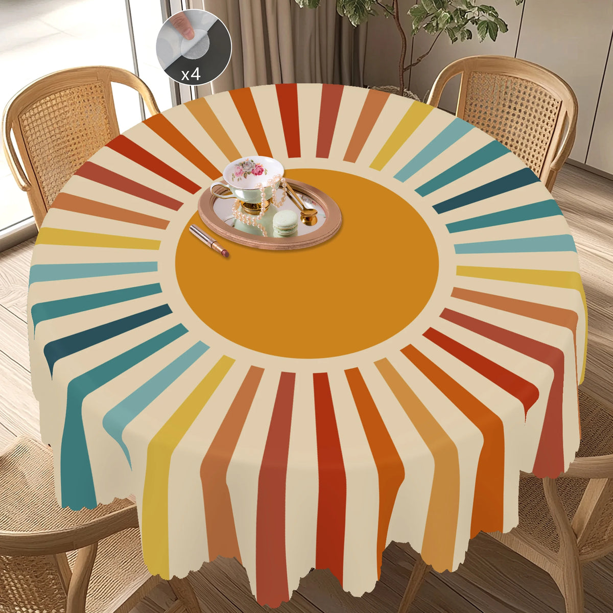 Nappe bohème jaune motif soleil sur table terrasse