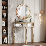 Élégante console en métal doré avec un miroir rond orné de motifs floraux, offrant un espace de rangement et de mise en valeur d'objets décoratifs dans un intérieur moderne et sophistiqué.