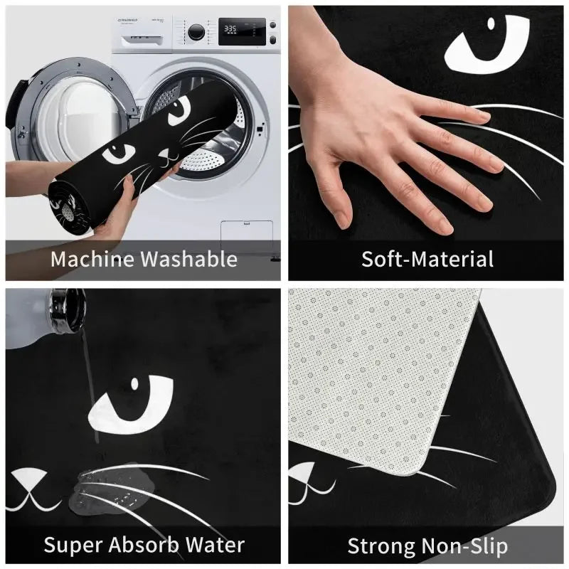 Détail du motif chat noir sur paillasson polyester