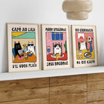 Ensemble de 3 impressions sur toile chat spaghetti café croissant décoration murale cuisine