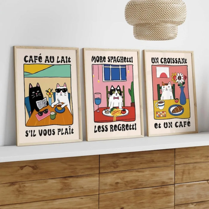 Ensemble de 3 impressions sur toile chat spaghetti café croissant décoration murale cuisine