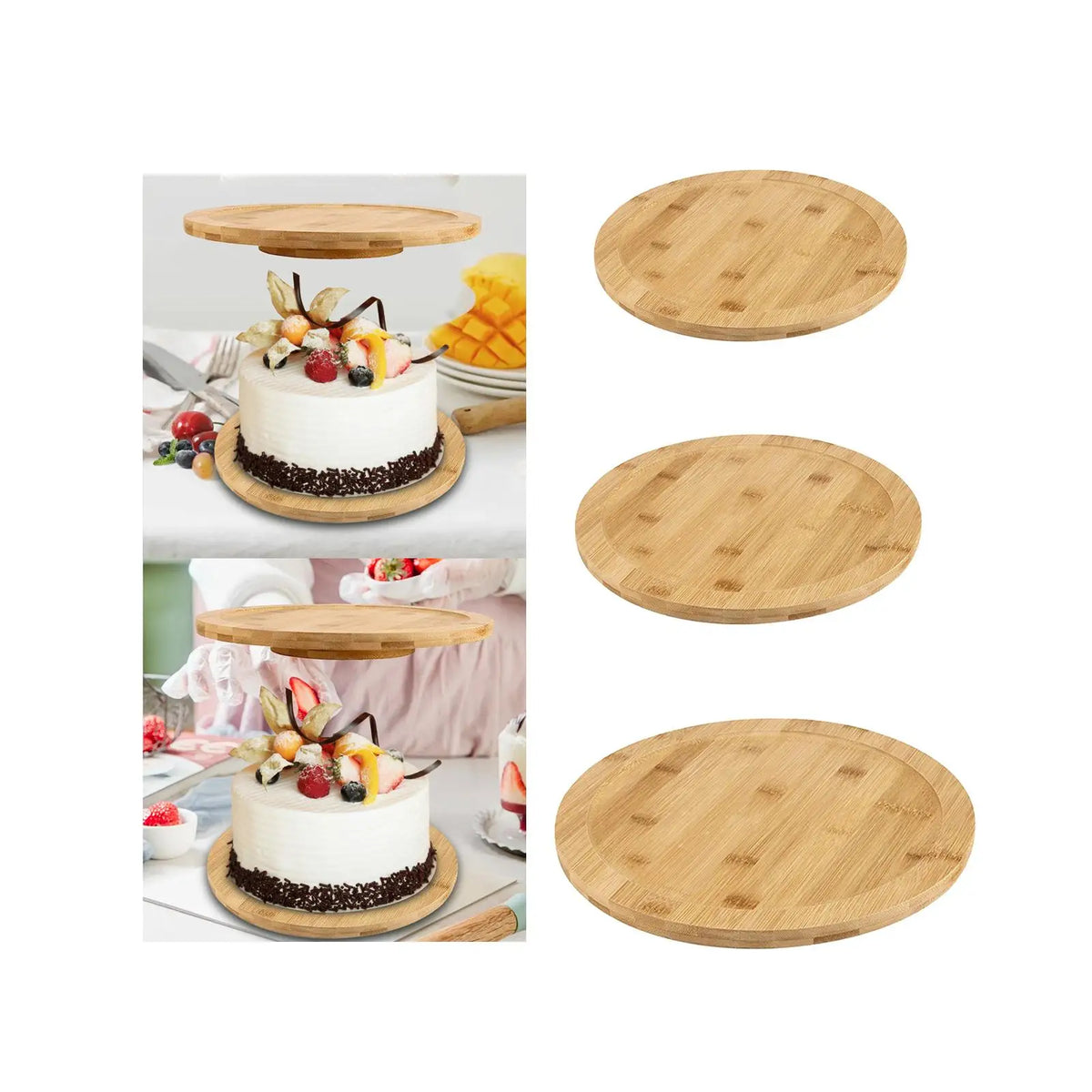 Plateau tournant en bois pour gâteaux sur table de salle à manger