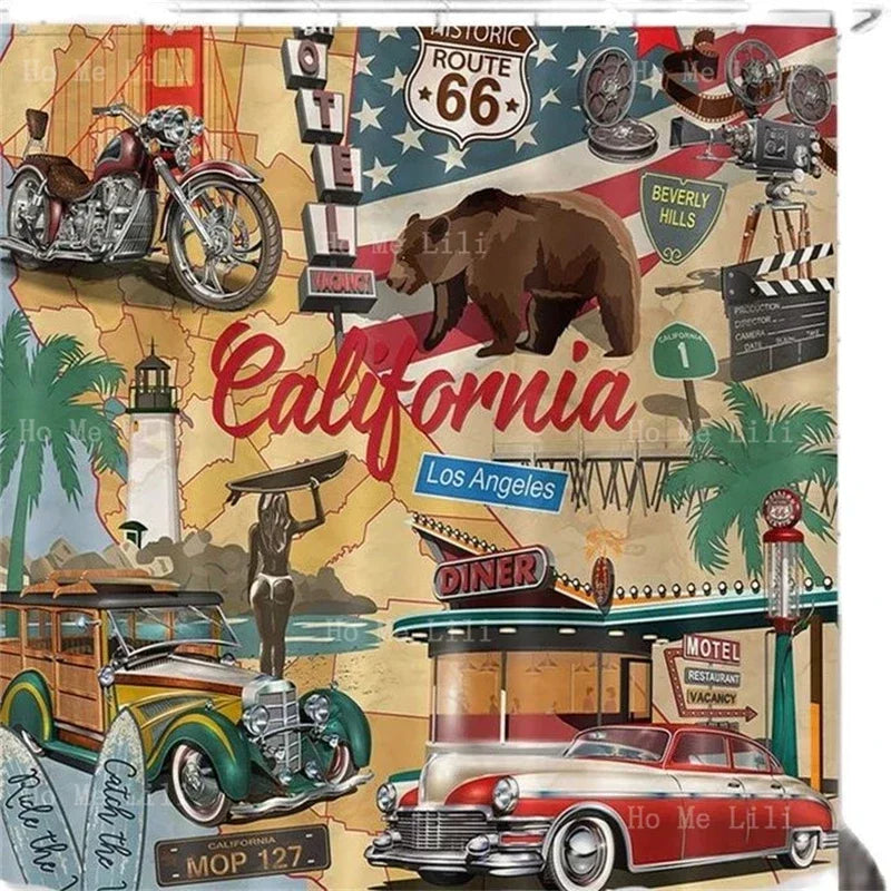 Rideau de douche vintage Route 66 avec ours californien et éléments en étain
