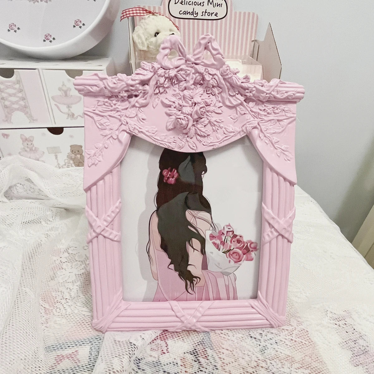 Cadre photo nœud rose avec photo d'illustration