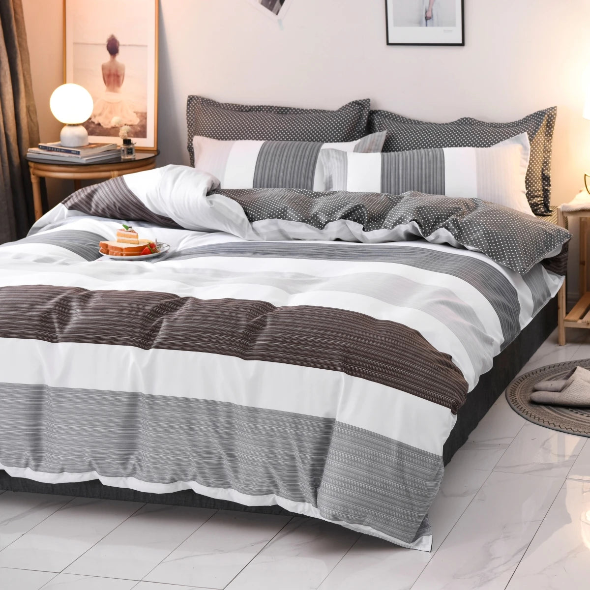 Housse de couette rayures géométriques 3 pièces sur lit Queen