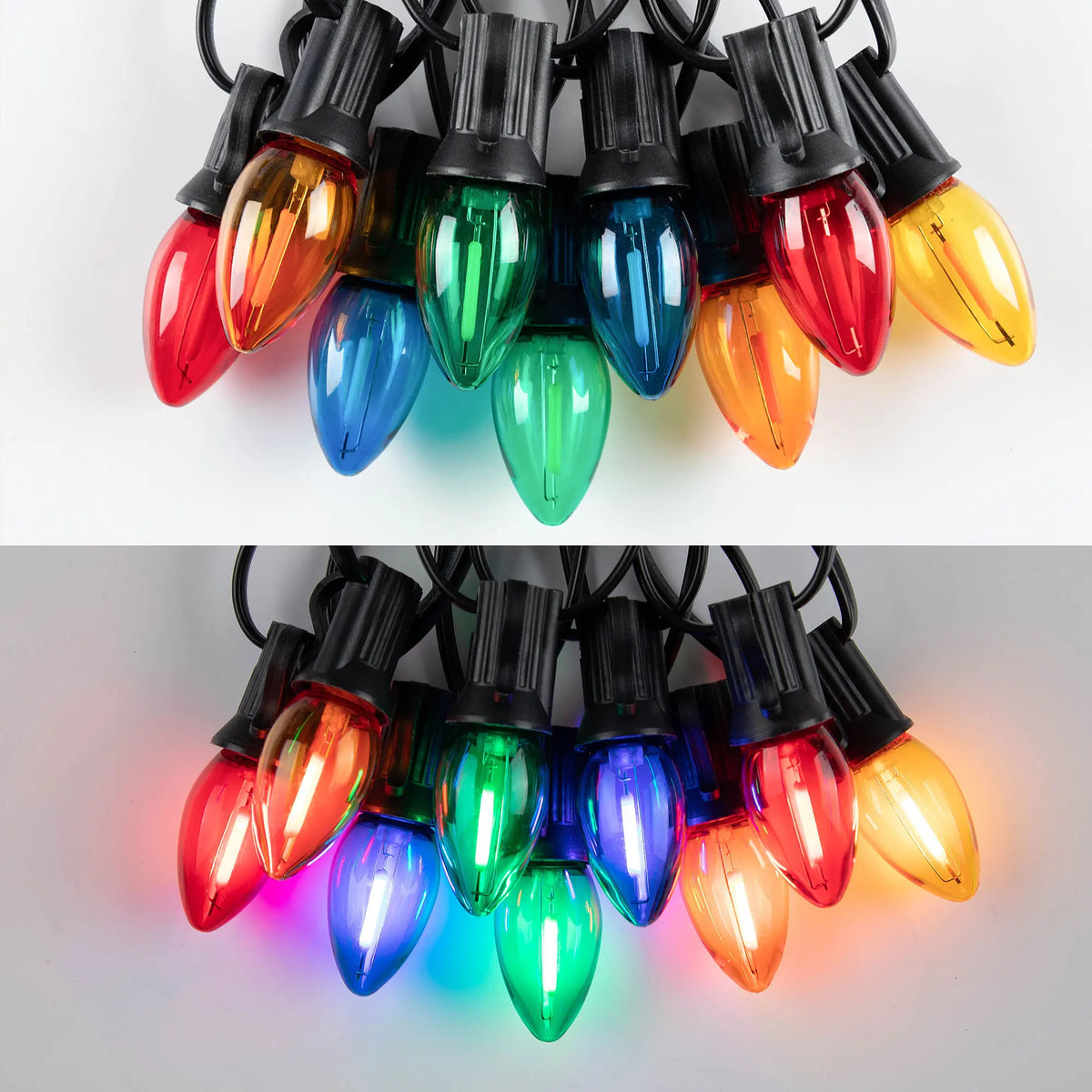 Guirlande lumineuse C7 bleue suspendue à une pergola