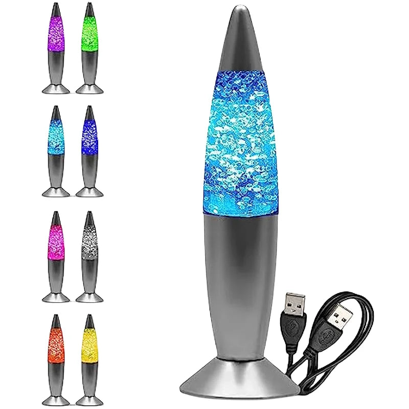 Lampe à lave clignotante orange sur une table de nuit