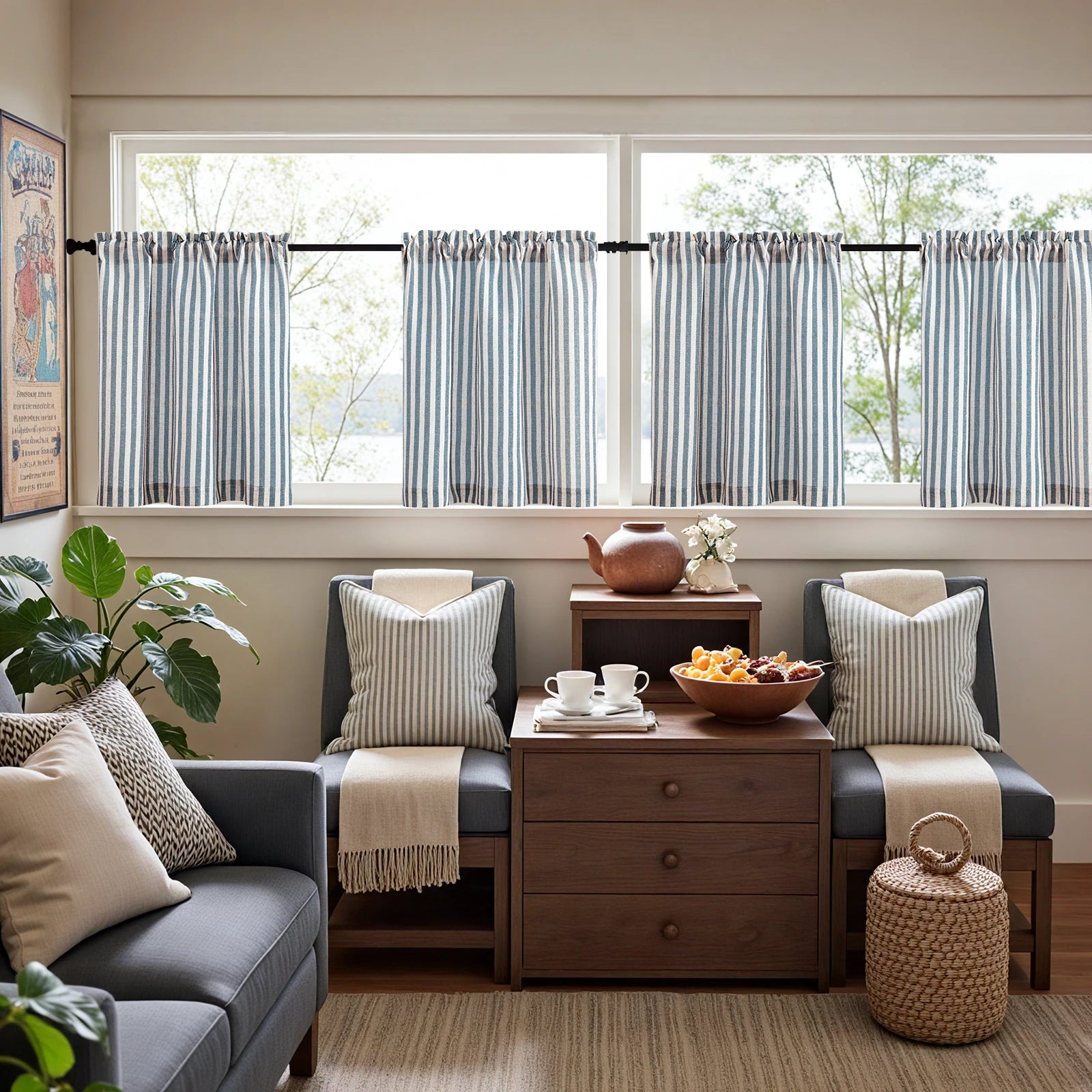 Rideaux à œillets effet lin bleu marine avec rayures pour décoration campagnarde